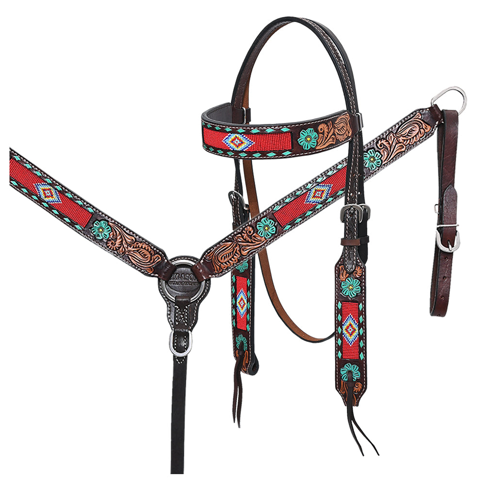 HILASON Floral Painted Beaded American Leather Horse Headstall Breast Collar