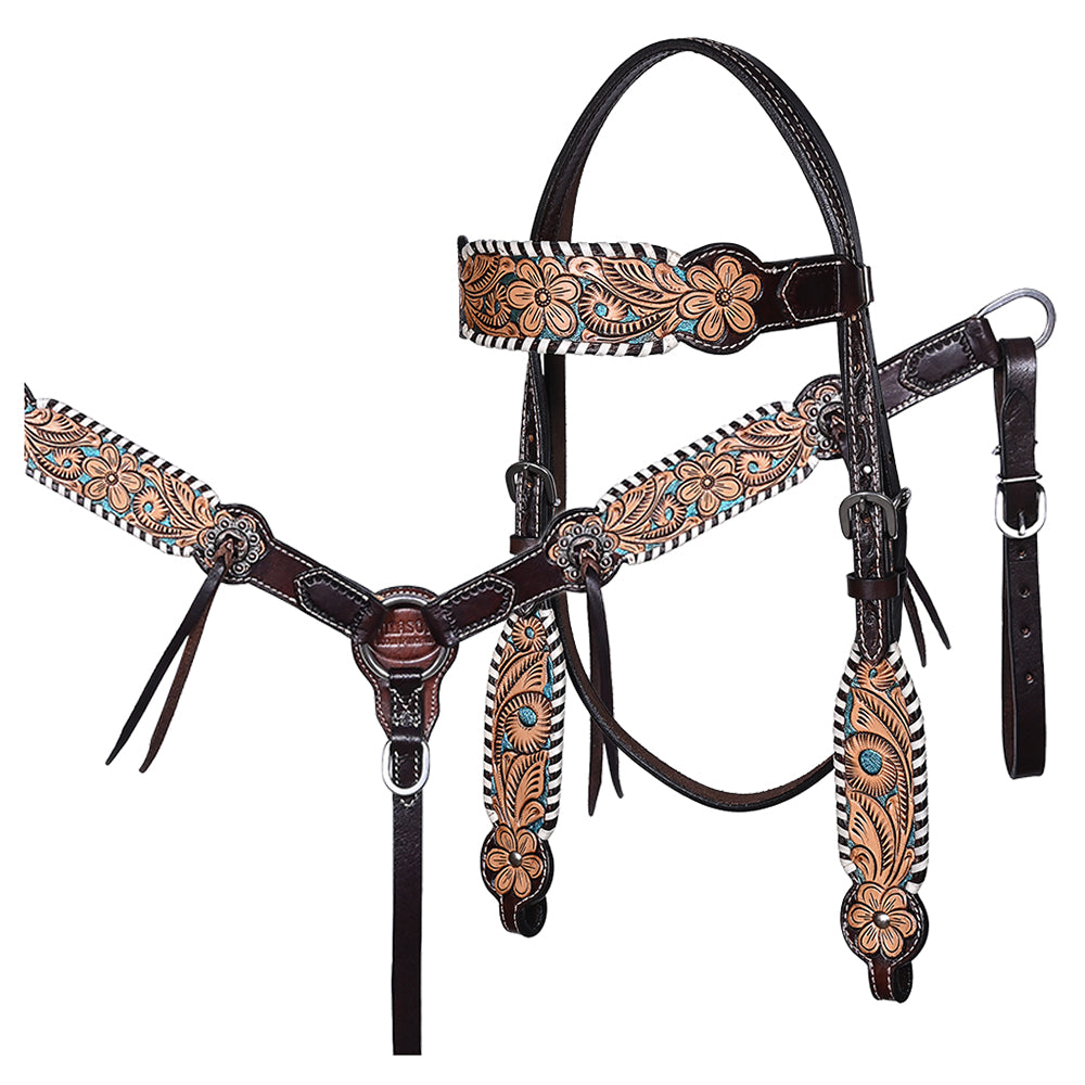 HILASON Floral Painted Beaded American Leather Horse Headstall Breast Collar
