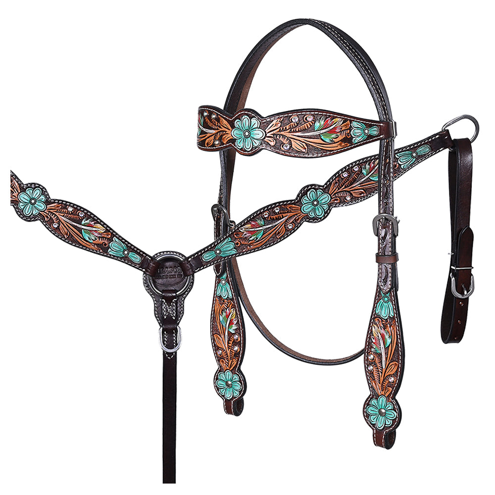 HILASON Floral Painted Beaded American Leather Horse Headstall Breast Collar