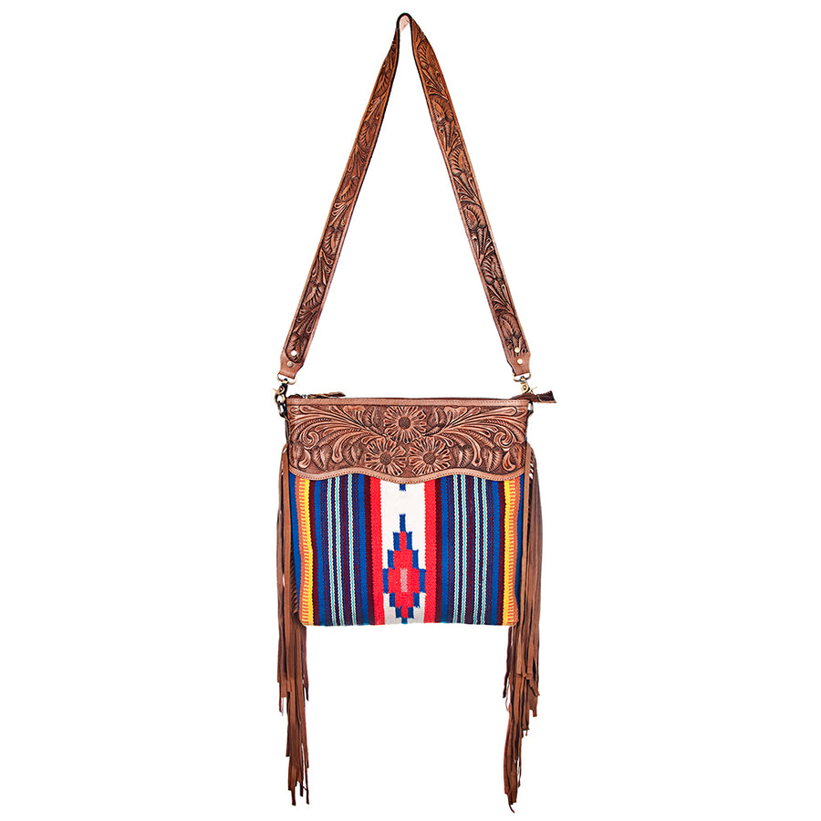 American Darling Signature Cross body Bag Handcrafted from Hand Tooled Floral Leather & Woven Saddle Blanket with Fringes