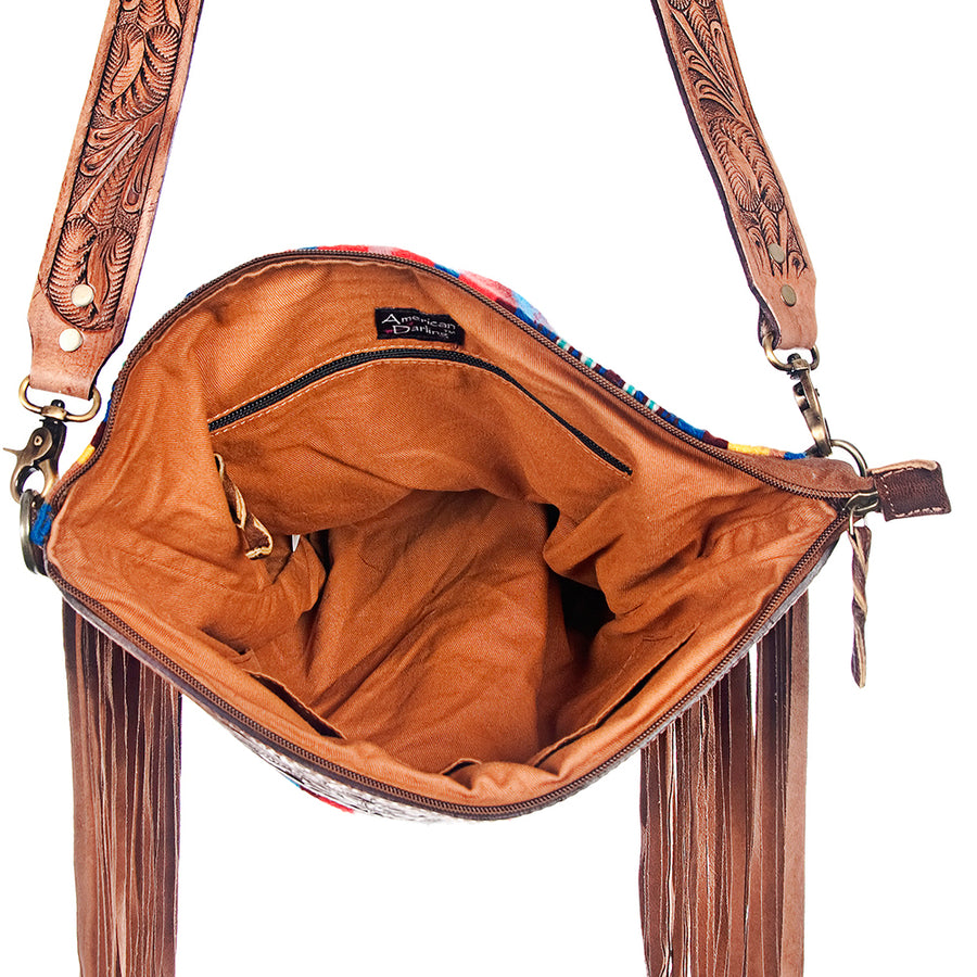 American Darling Signature Cross body Bag Handcrafted from Hand Tooled Floral Leather & Woven Saddle Blanket with Fringes