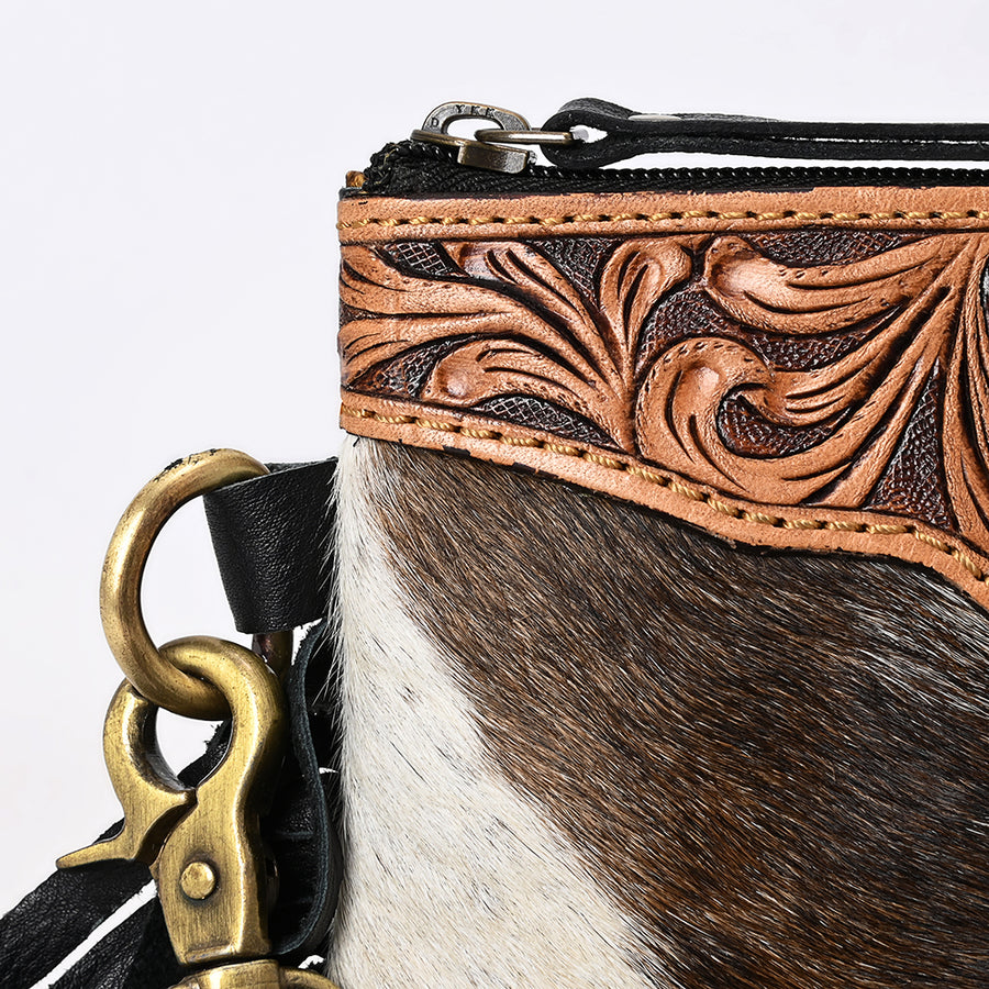 American Darling Small Cross body Bag Handcrafted from Hand Tooled Floral Leather & Hair-On Cowhide with Fringes and YKK Zipper