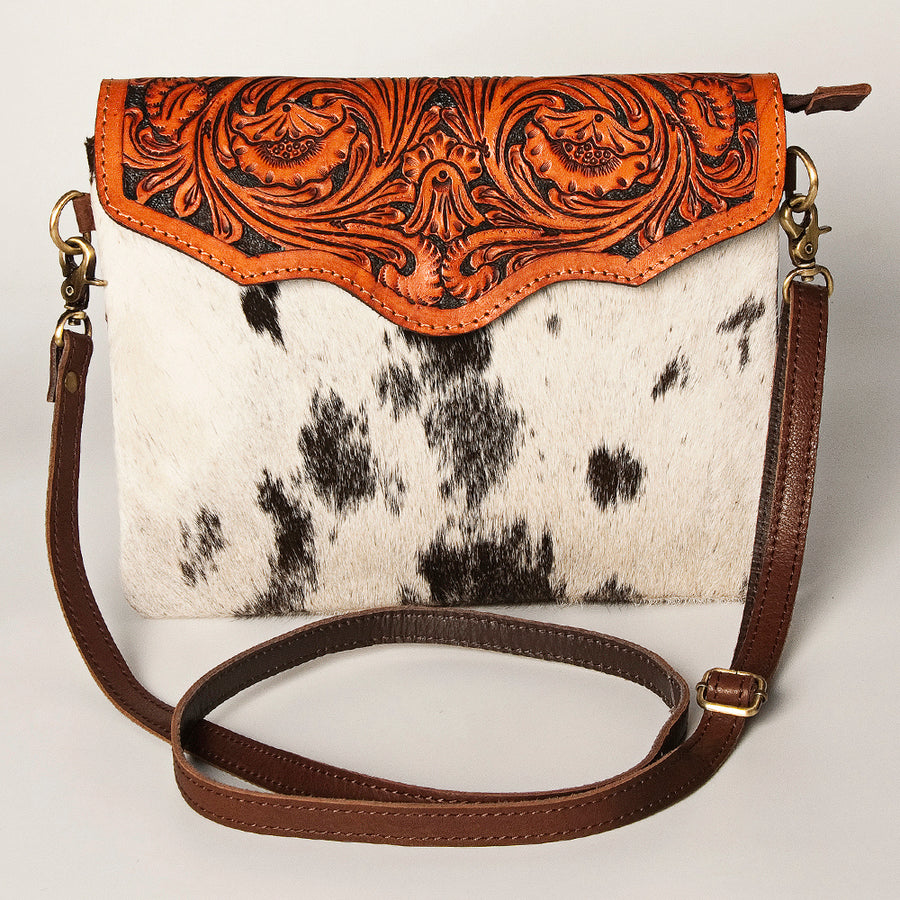 American Darling Envelope Bag Handcrafted from Hand Tooled Floral Leather & Hair-On Cowhide with YKK Zipper