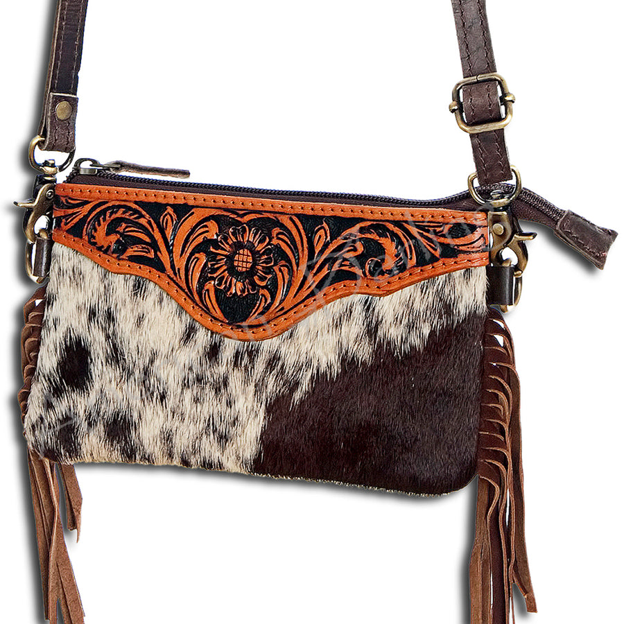 American Darling Small Cross body Bag Handcrafted from Hand Tooled Floral Leather & Hair-On Cowhide with Fringes & YKK Zipper