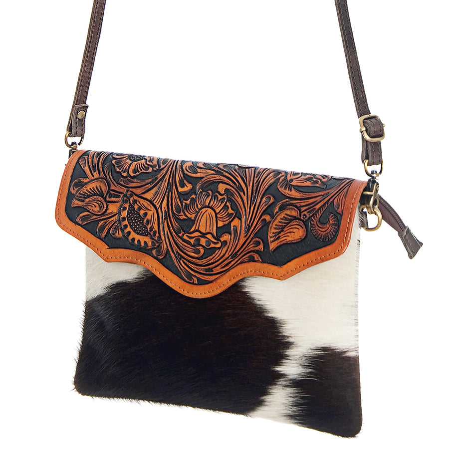 American Darling Envelope Hand Tooled Hair On Genuine Leather Women Bag Western Handbag Purse - Uhorse