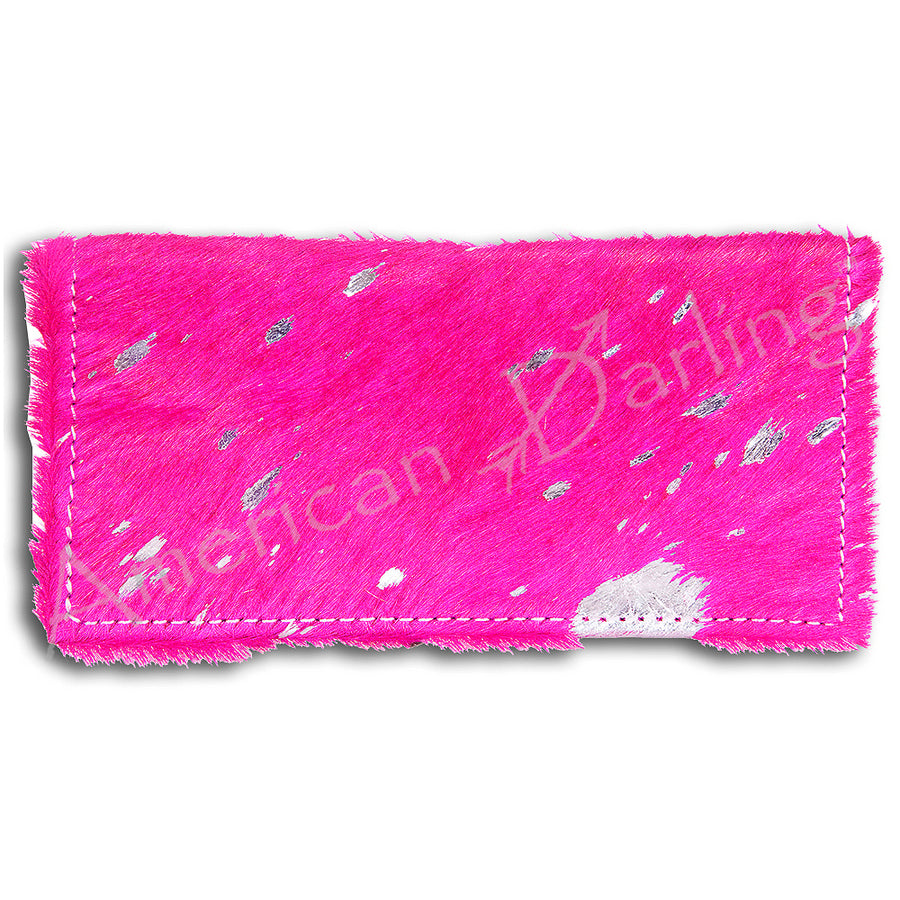Hot pink fuzzy wallet with metallic accents and white stitching - Uhorse
