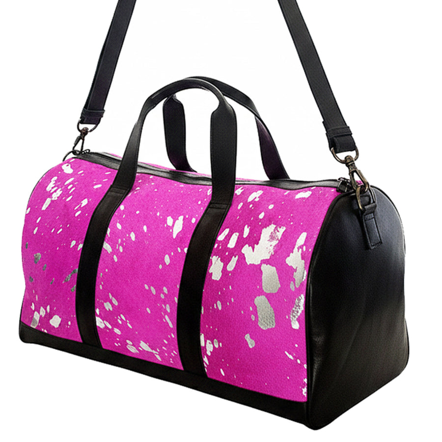 American Darling Handmade Pink Hair-On Leather Duffle Bag for Women, Cowhide Travel Handbag with Shoulder Strap - Uhorse