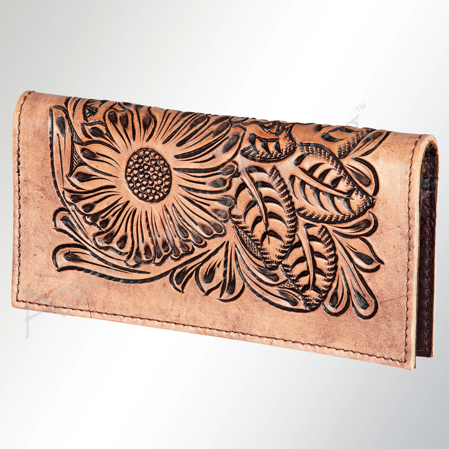 American Darling Wallet Bag - Hand Tooled Floral Leather and Buck Stitched Western Wallet - Uhorse