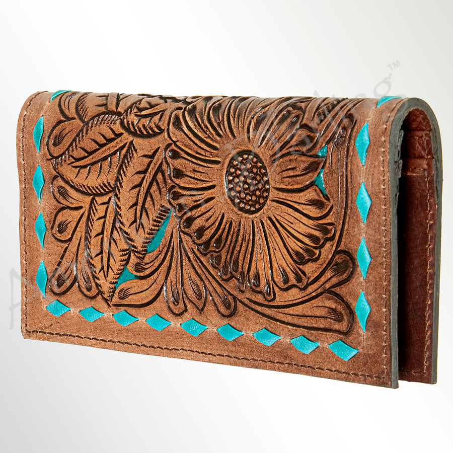 American Darling Wallet Bag - Hand Tooled Floral Leather and Buck Stitched Western Wallet - Uhorse