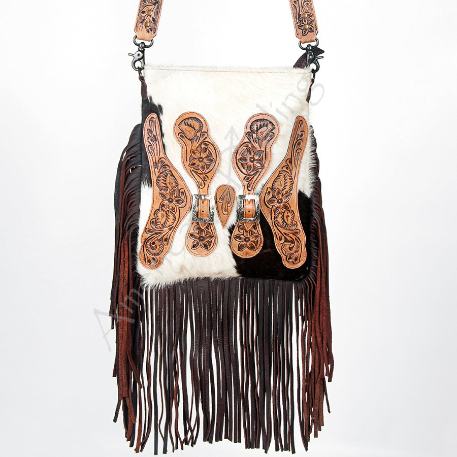 American Darling Large Cross body Bag Handcrafted from Hand Tooled Floral Leather & Hair-On Cowhide with Fringes and YKK Zipper