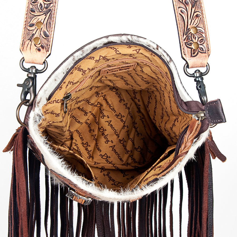 American Darling Large Cross body Bag Handcrafted from Hand Tooled Floral Leather & Hair-On Cowhide with Fringes and YKK Zipper