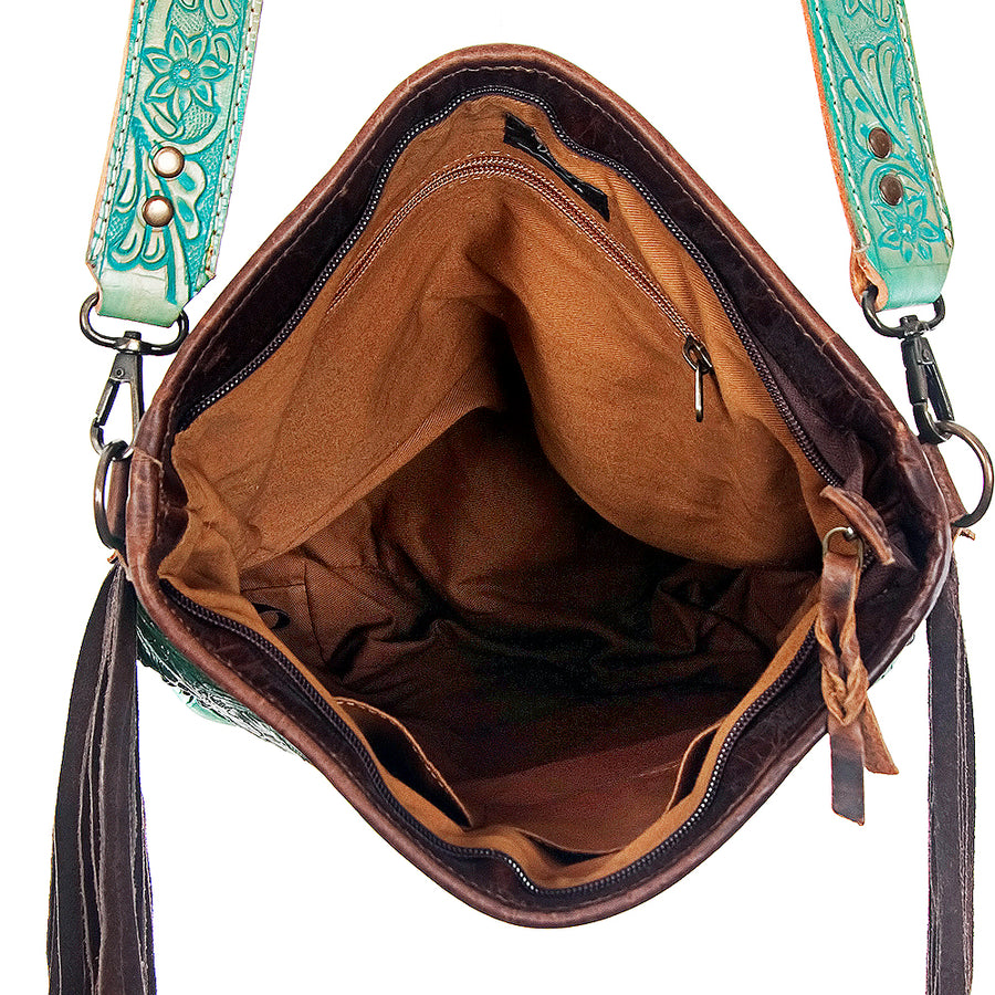American Darling Large Cross body Bag Handcrafted from Hand Tooled Floral Leather with Rivets Embossed Detail and Fringes