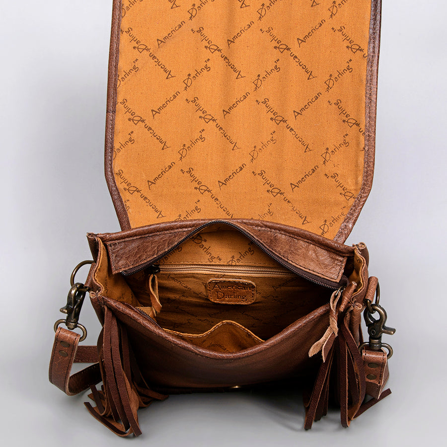 American Darling Messenger Bag Handcrafted from Hand Tooled Cactus & Floral Leather with Fringes and YKK Zipper