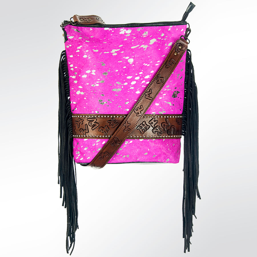 American Darling Large Cross body Bag Handcrafted from Hair-On Cowhide & Hand Tooled Genuine Leather with Fringes