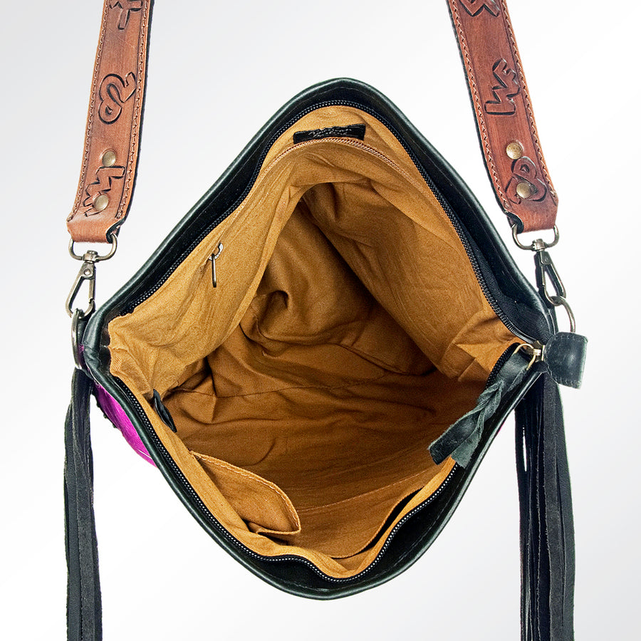 American Darling Large Cross body Bag Handcrafted from Hair-On Cowhide & Hand Tooled Genuine Leather with Fringes
