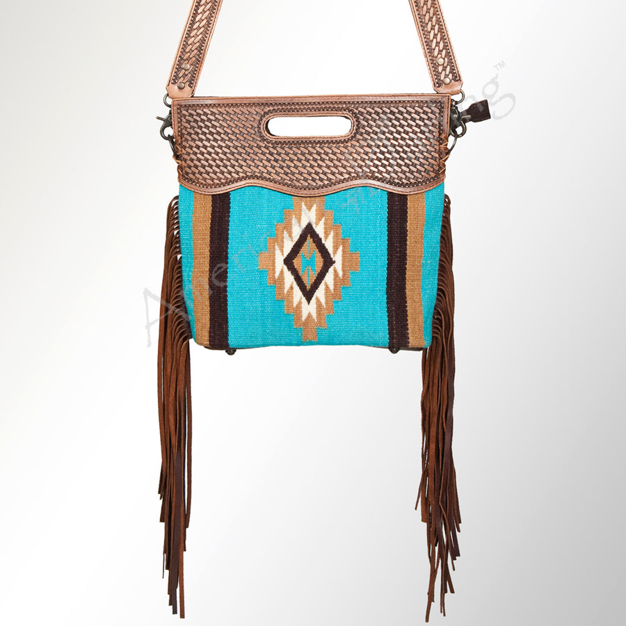 American Darling Cross body Bag, Basket Weave Hand-Tooled Leather, Hand Woven Saddle Blanket with Fringes, Western Shoulder Purse