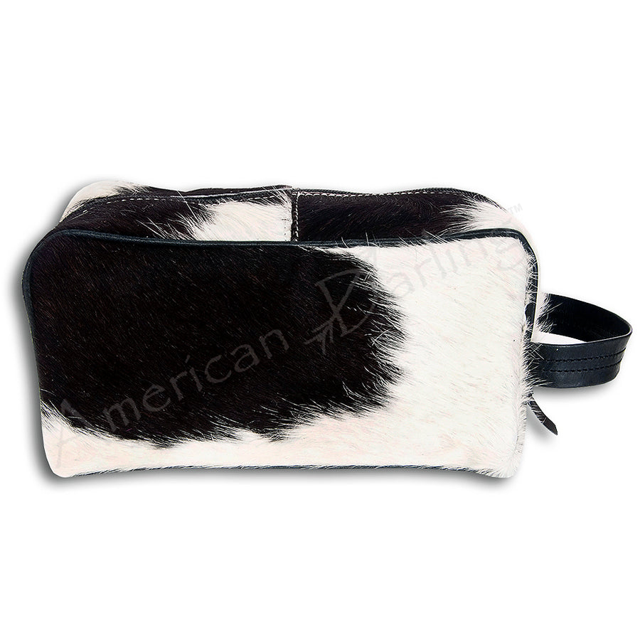 Black and white cowhide toiletry bag with leather handle - Uhorse