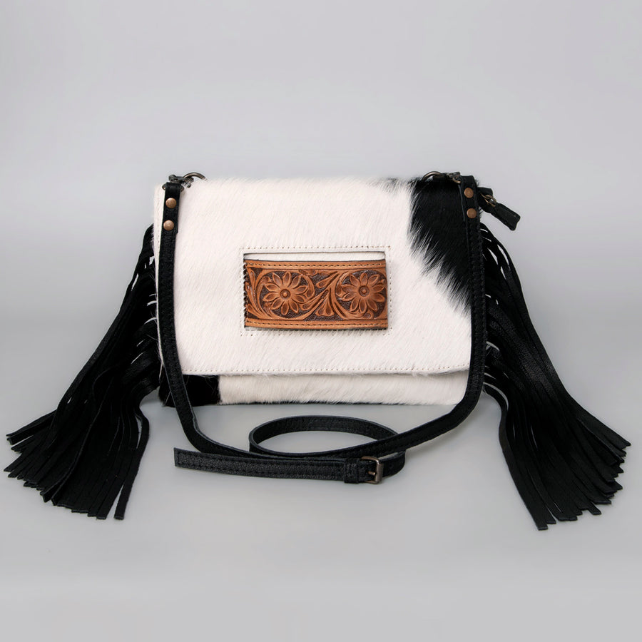 American Darling Small Cross body Bag Hand Tooled Floral Carved Leather Hair-On Cowhide with Fringes