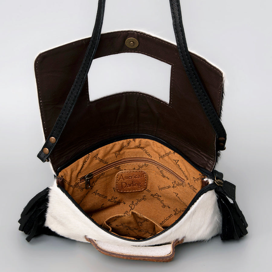 American Darling Small Cross body Bag Hand Tooled Floral Carved Leather Hair-On Cowhide with Fringes