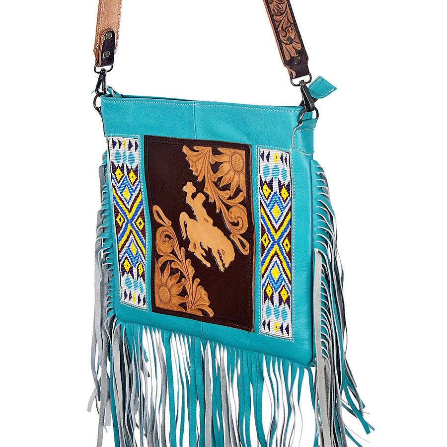 American Darling Cross body Bag Handcrafted from Hand Tooled Floral Leather with Beaded Accents, Fringes, and YKK Zipper