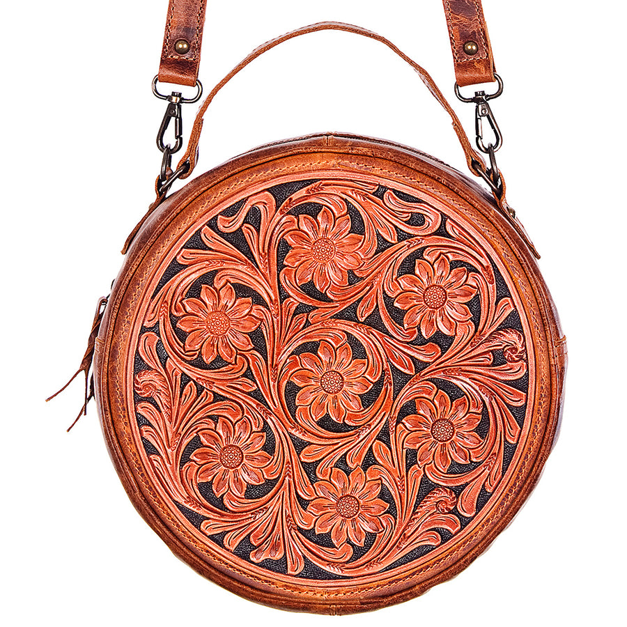 American Darling Canteen Bag Handcrafted from Hand Tooled Floral Leather and Full Grain Leather with YKK Zipper