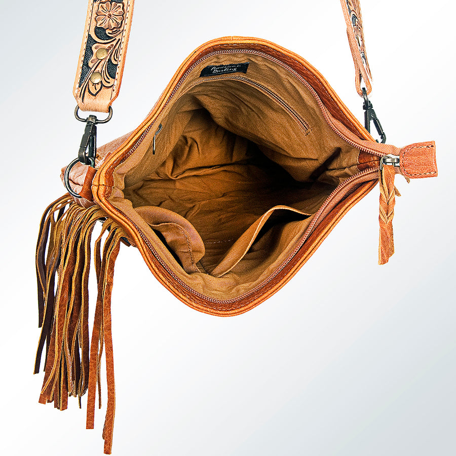 American Darling Chaps Bag Handcrafted from Full Grain Leather with Hand Tooled Panel, Concho, Fringes, and YKK Zipper