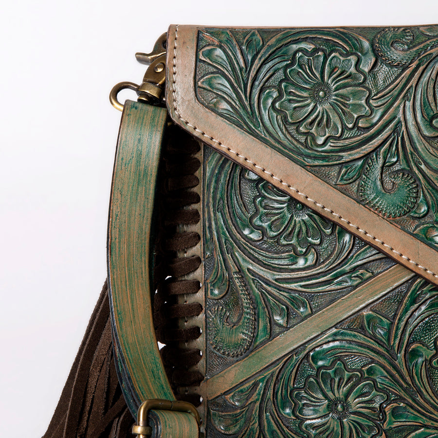American Darling Envelope Bag Handcrafted from Hand Tooled Floral Leather with Braided Edges, Fringes, and YKK Zipper