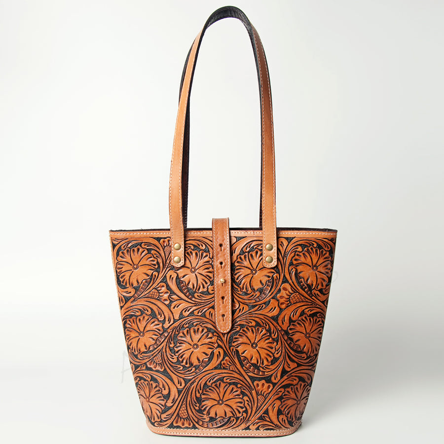 American Darling Tote Bag Handcrafted from Hand Tooled Floral Leather and Full Grain Leather with YKK Zipper