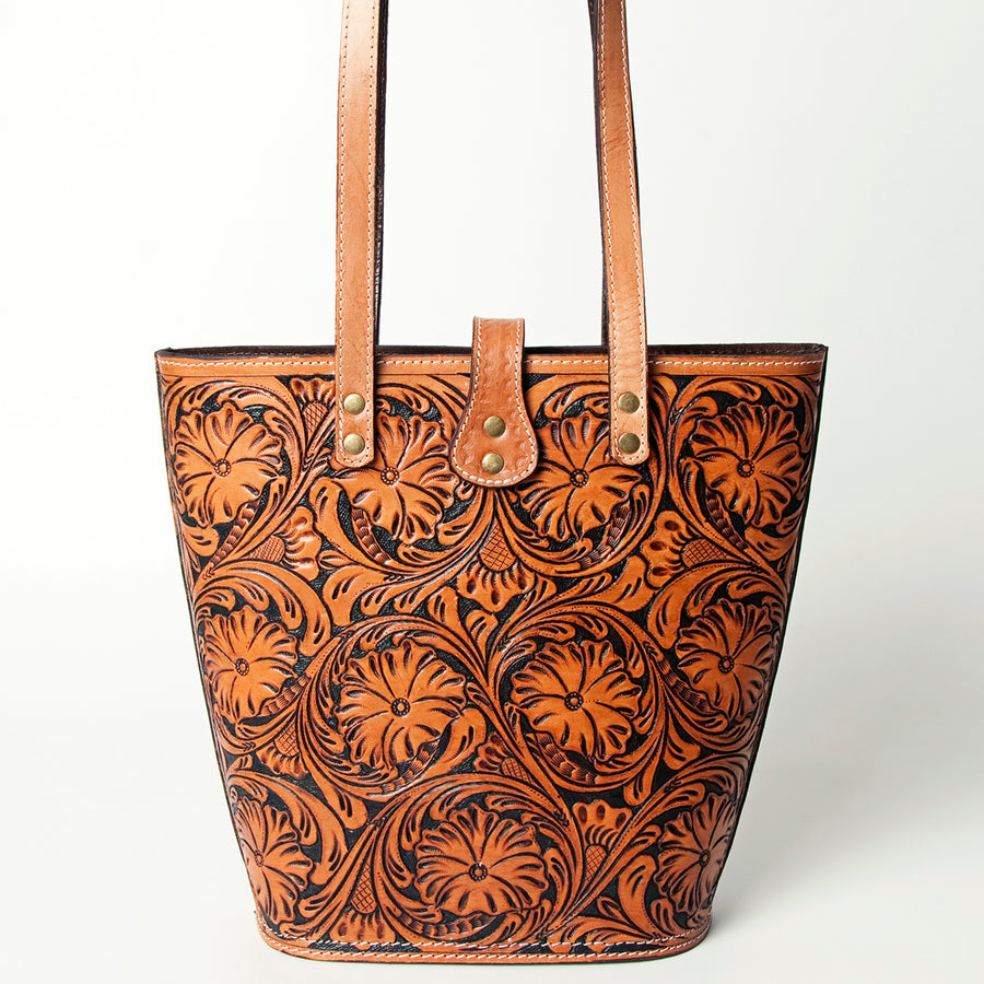 American Darling Tote Bag Handcrafted from Hand Tooled Floral Leather and Full Grain Leather with YKK Zipper
