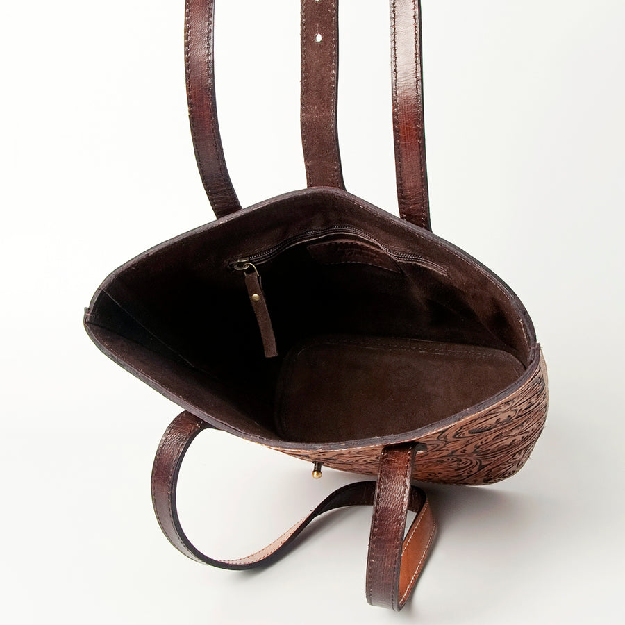 American Darling Tote Bag Handcrafted from Hand Tooled Floral Leather and Full Grain Leather with YKK Zipper