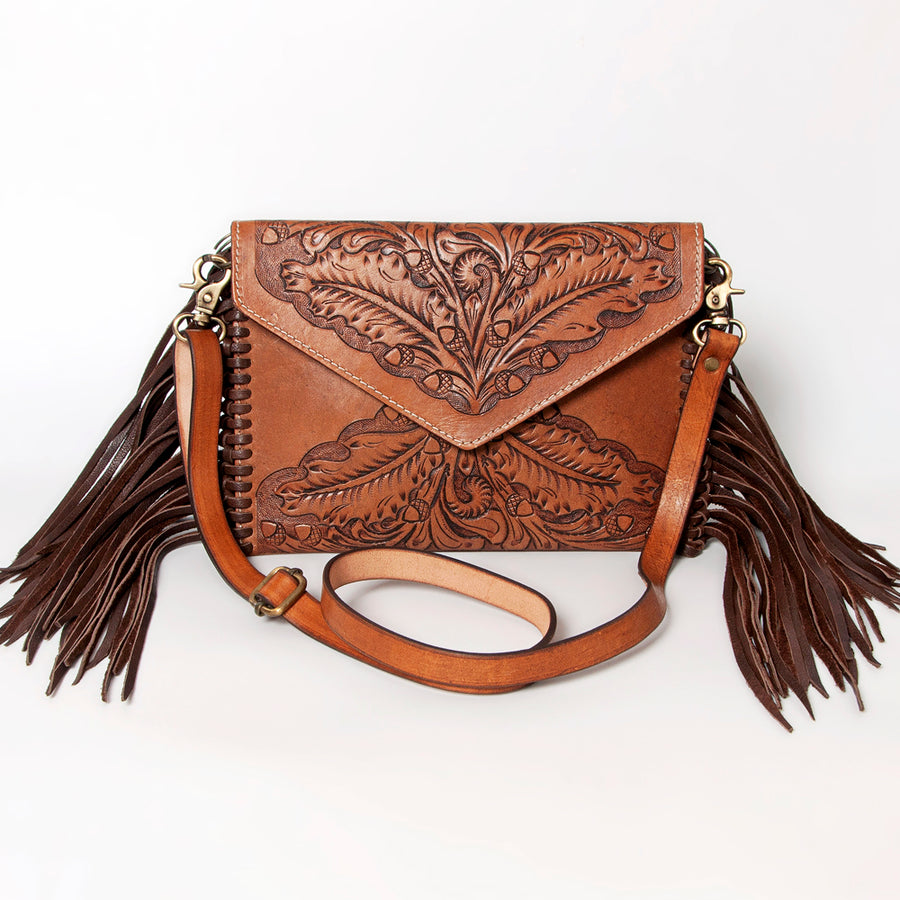 American Darling Envelope Bag Handcrafted from Hand Tooled Floral Genuine Leather with Braided Edges, Fringes, and YKK Zipper
