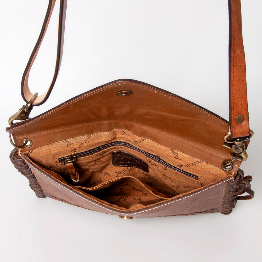 American Darling Envelope Bag Handcrafted from Hand Tooled Floral Genuine Leather with Braided Edges, Fringes, and YKK Zipper