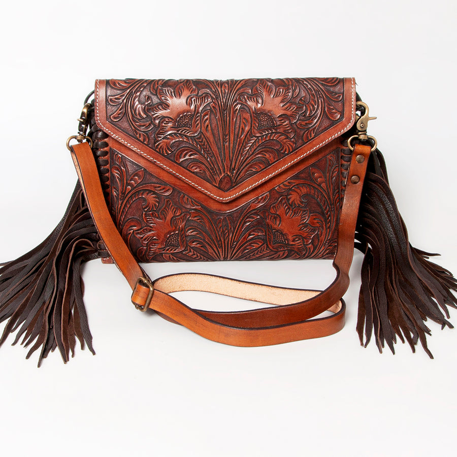 American Darling Envelope Bag Handcrafted from Hand Tooled Floral Genuine Leather with Fringes and YKK Zipper