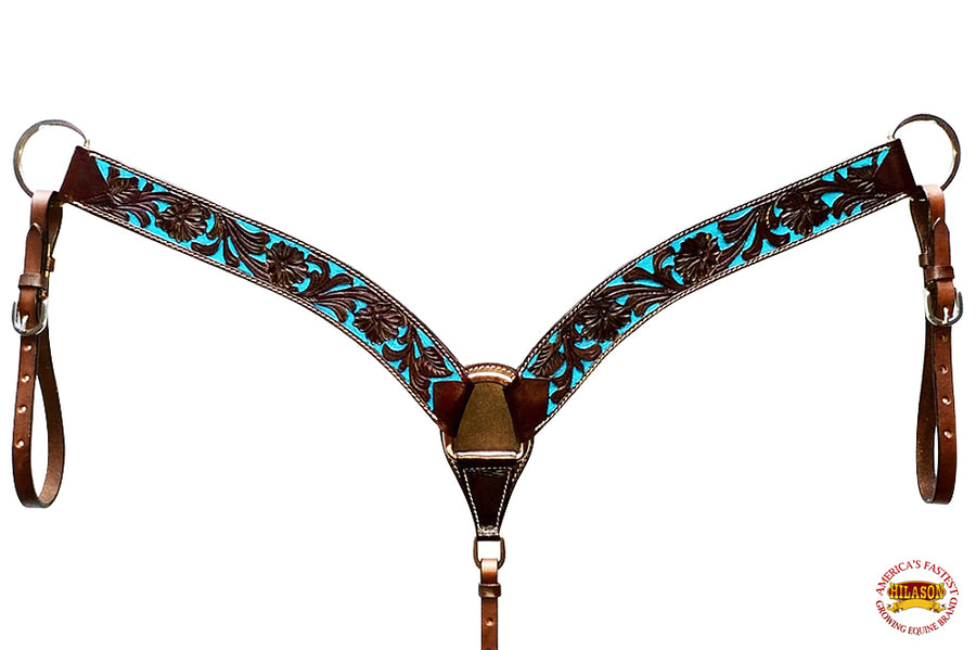 HILASON Western Horse Tack Set American Leather Dark Brown & Turquoise Inlay | Headstall Breast Collar for Horses