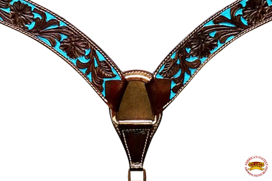 HILASON Western Horse Tack Set American Leather Dark Brown & Turquoise Inlay | Headstall Breast Collar for Horses