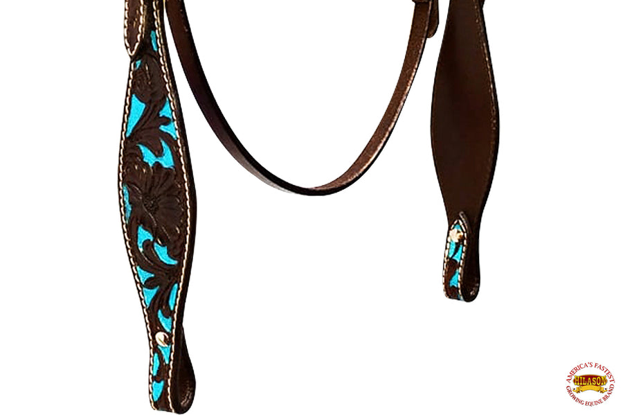 HILASON Western Horse Tack Set American Leather Dark Brown & Turquoise Inlay | Headstall Breast Collar for Horses