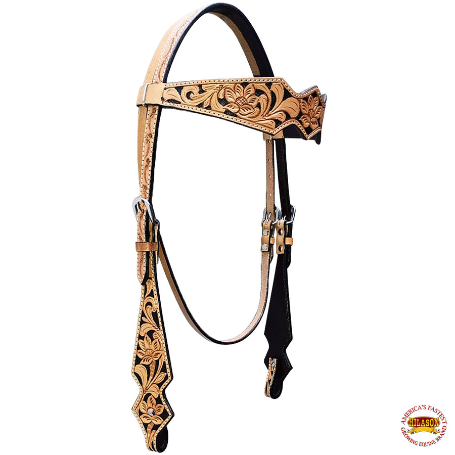 HILASON Western Horse Breast Collar & Headstall American Leather Carved Tan w/ Black Inlay | Tack Set for Horses