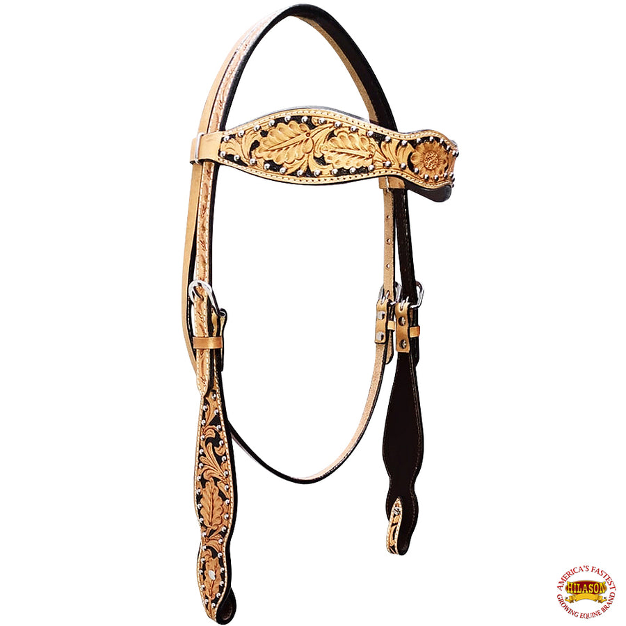 Hilason W. H. Headstall American Leather Carved Tan Black Inlay – by Hilason – Cowboy and equestrian accessories