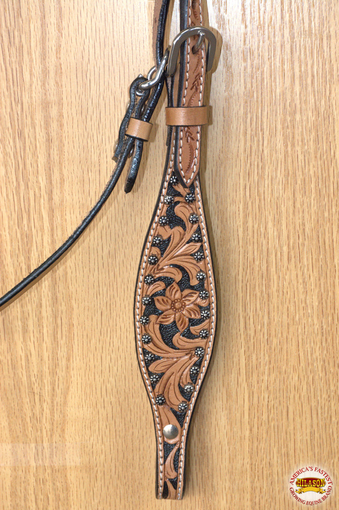 HILASON Western Horse Headstall American Leather Floral Tan Black Inlay | for Horses