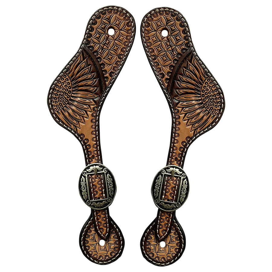 Western Leather Spur Straps Hilason Antique Brown Basket Weaving Floral - Uhorse