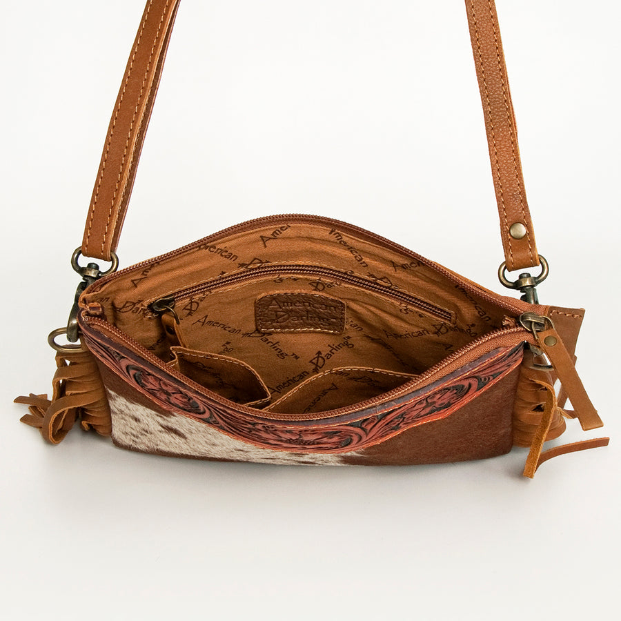 American Darling Small Cross body Bag Handcrafted from Hand Tooled Floral Leather & Hair-On Cowhide with Fringes & YKK Zipper