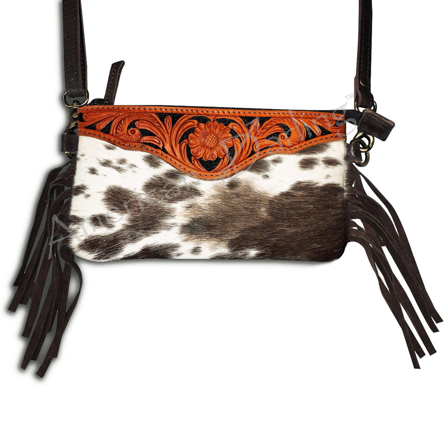 American Darling Small Cross body Bag Handcrafted from Hand Tooled Floral Leather & Hair-On Cowhide with Fringes & YKK Zipper
