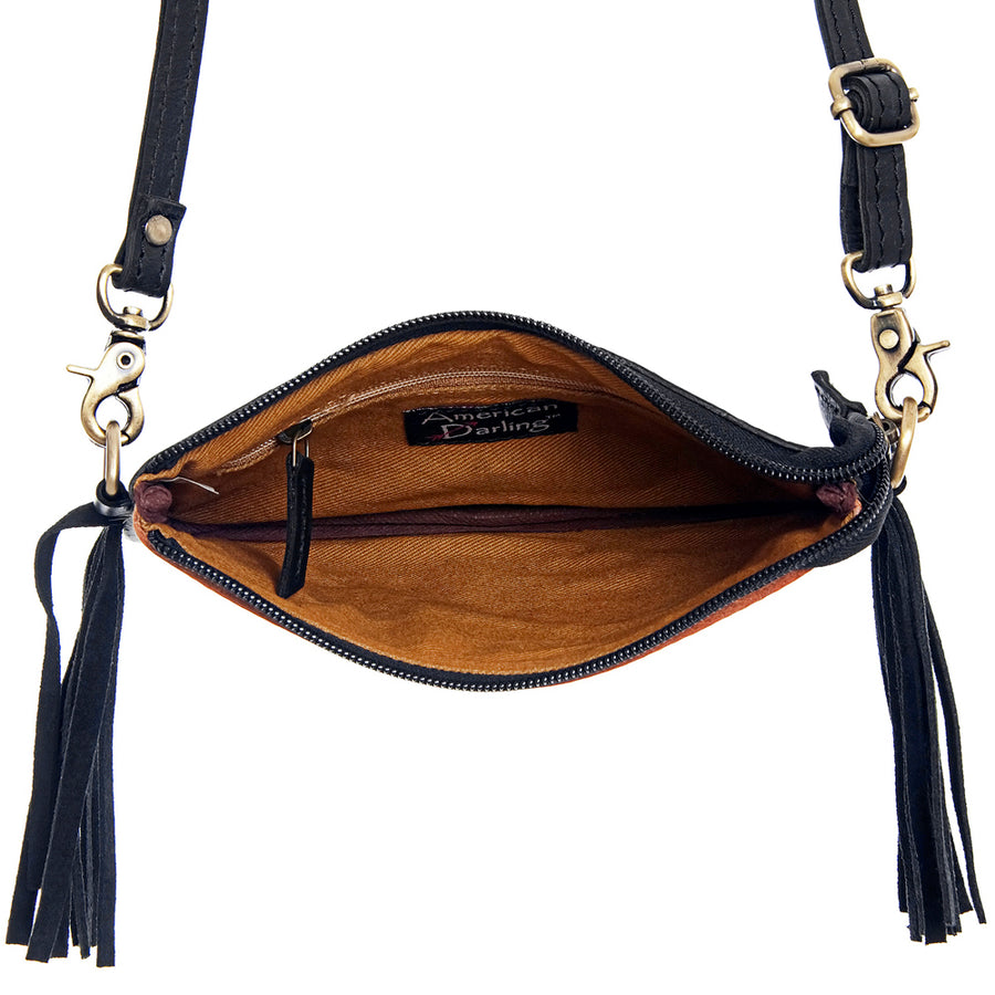 American Darling Small Cross body Bag Handcrafted from Hand Tooled Floral Leather & Hair-On Cowhide with Fringes & YKK Zipper