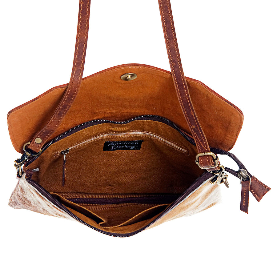 American Darling Envelope Bag Handcrafted from Hand Tooled Floral Leather & Hair-On Cowhide with YKK Zipper
