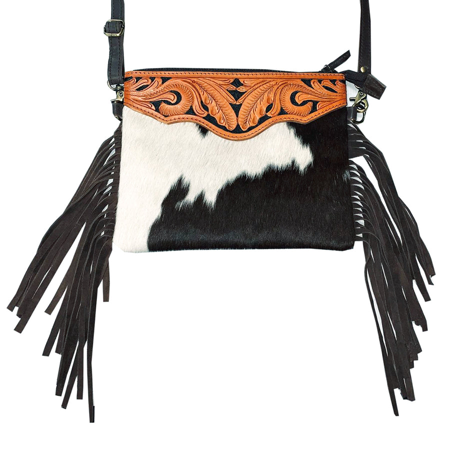 Black and white cowhair leather crossbody bag with fringe - Uhorse