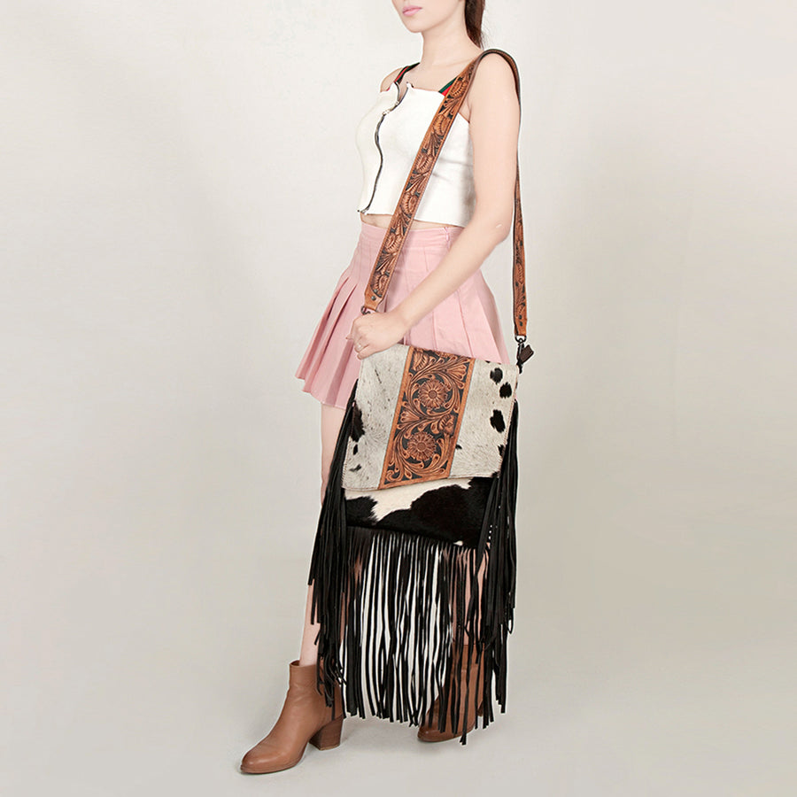 American Darling Messenger Hand Tooled Hair On Genuine Leather Western Women Bag Handbag Purse | Cute