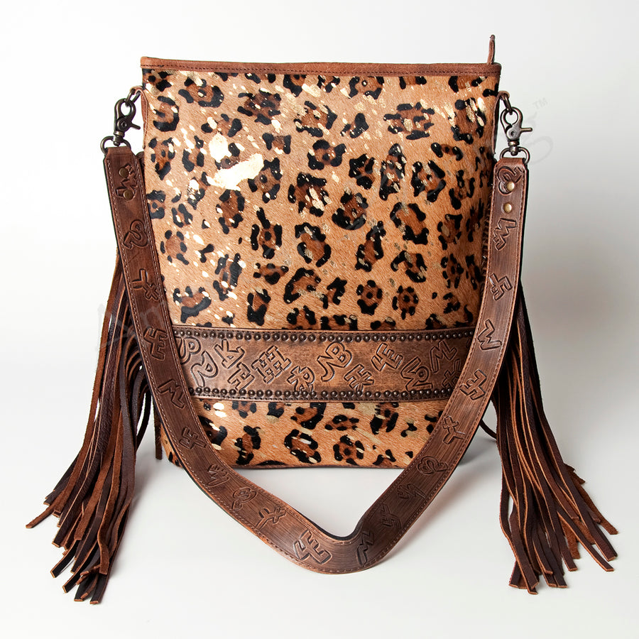 American Darling Large Cross body Bag Handcrafted from Hair-On Cowhide & Hand Tooled Genuine Leather with Fringes