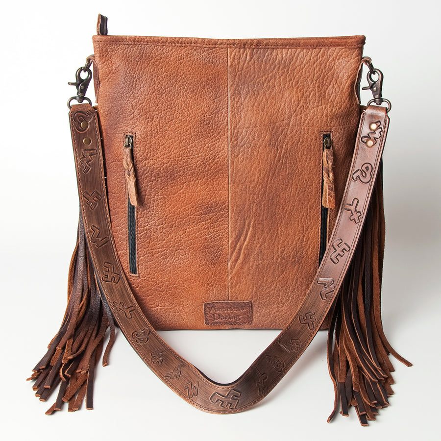 American Darling Large Cross body Bag Handcrafted from Hair-On Cowhide & Hand Tooled Genuine Leather with Fringes