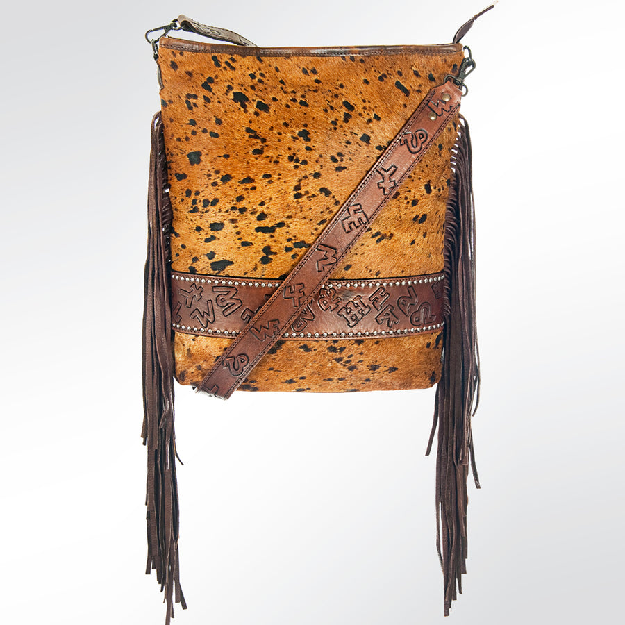 American Darling Large Cross body Bag Handcrafted from Hair-On Cowhide & Hand Tooled Genuine Leather with Fringes