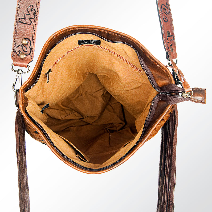 American Darling Large Cross body Bag Handcrafted from Hair-On Cowhide & Hand Tooled Genuine Leather with Fringes